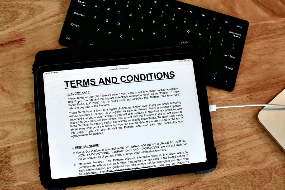Tablet displaying Terms and Conditions for a business.