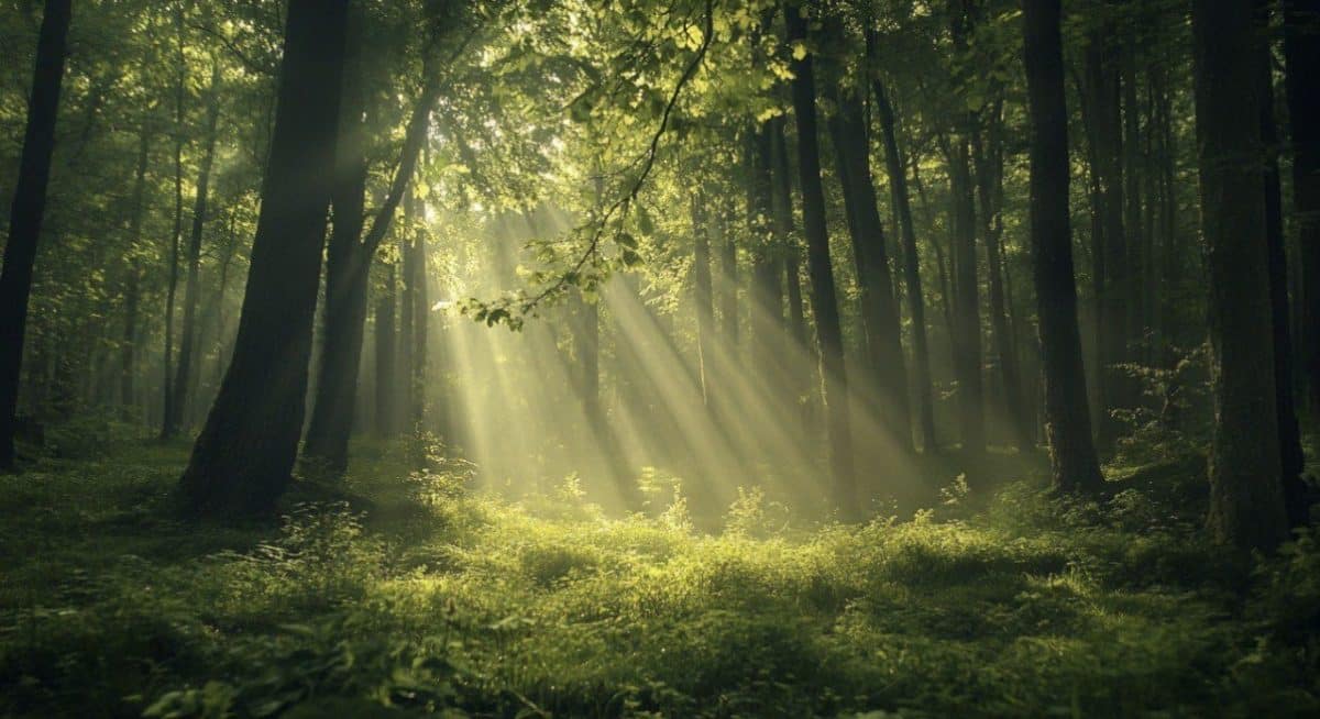 Sunlight filtering through a lush green forest creating serene atmosphere