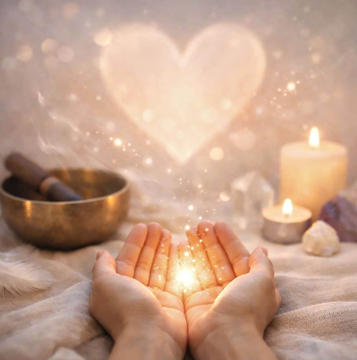 Mystical healing hands with glowing light and meditation tools
