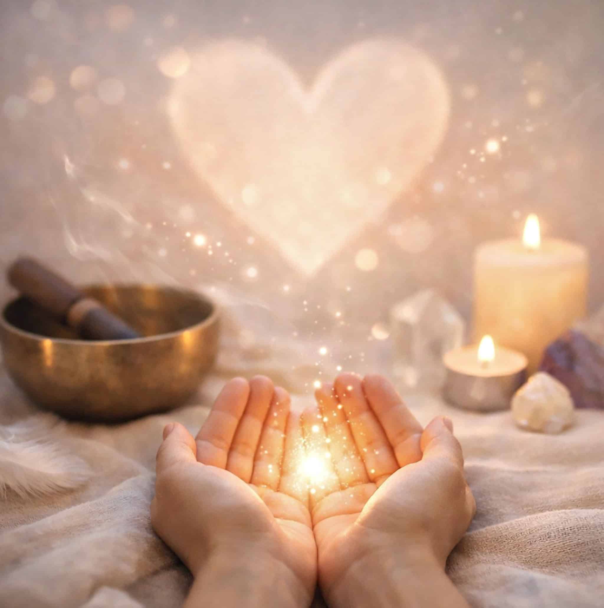 Mystical healing hands with glowing light and meditation tools