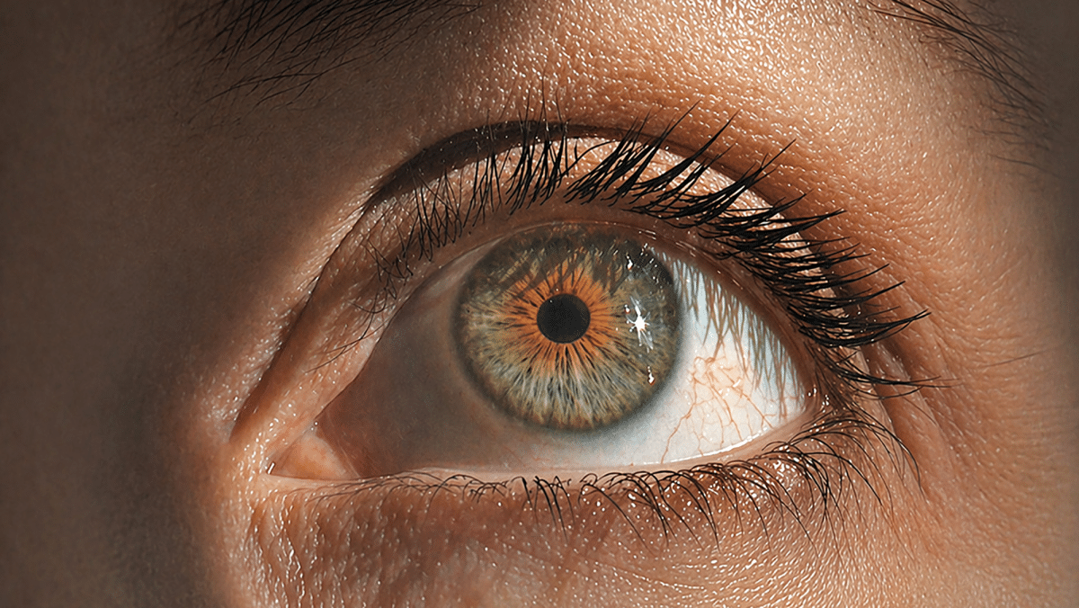 Close-up of a human eye with detailed iris and eyelashes