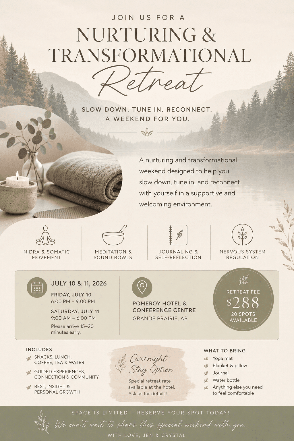 Nurturing and Transformational Retreat promotional flyer for a July 2026 event in Grande Prairie