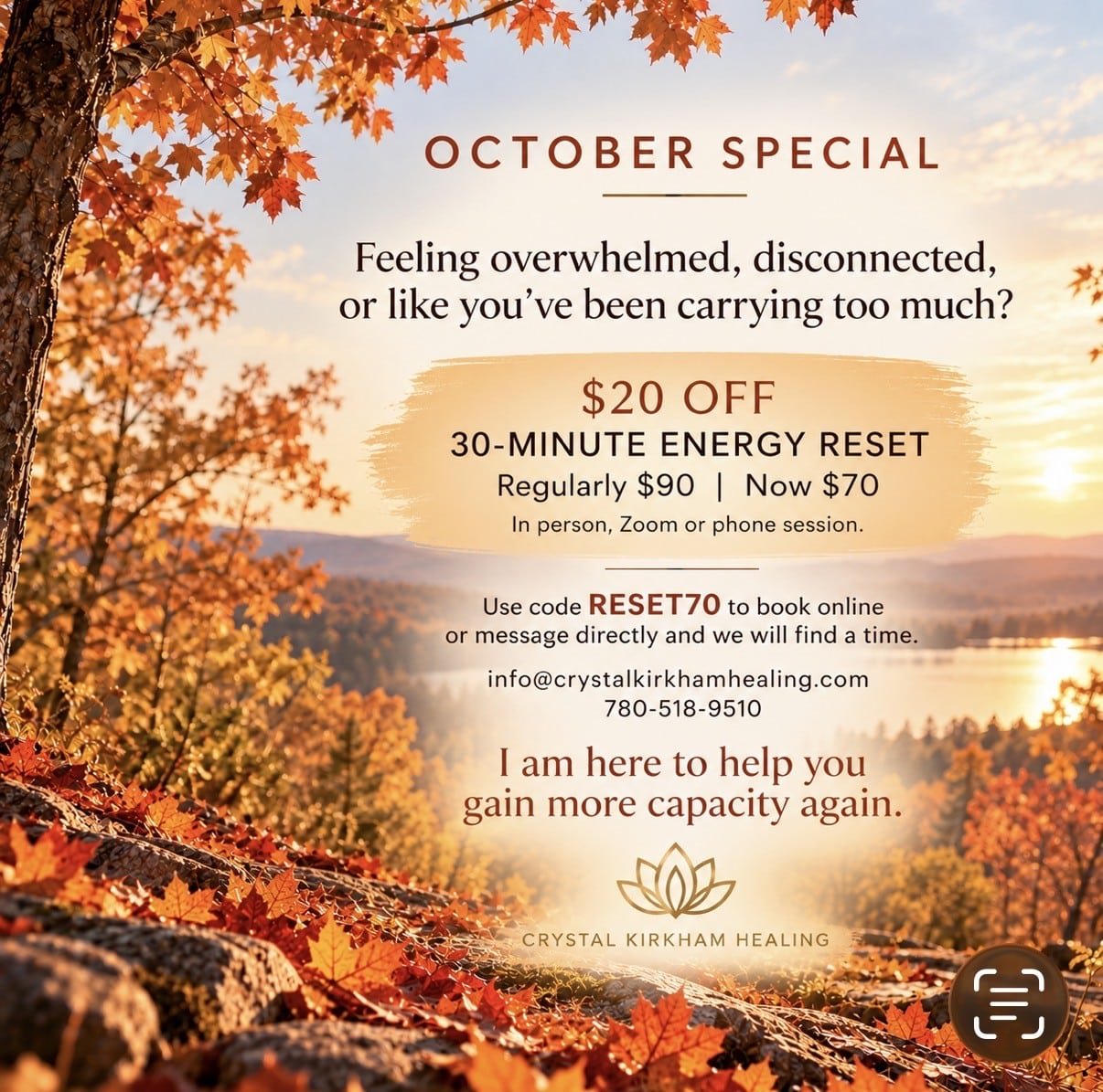 October special offer for 30-minute energy reset session at a discounted rate